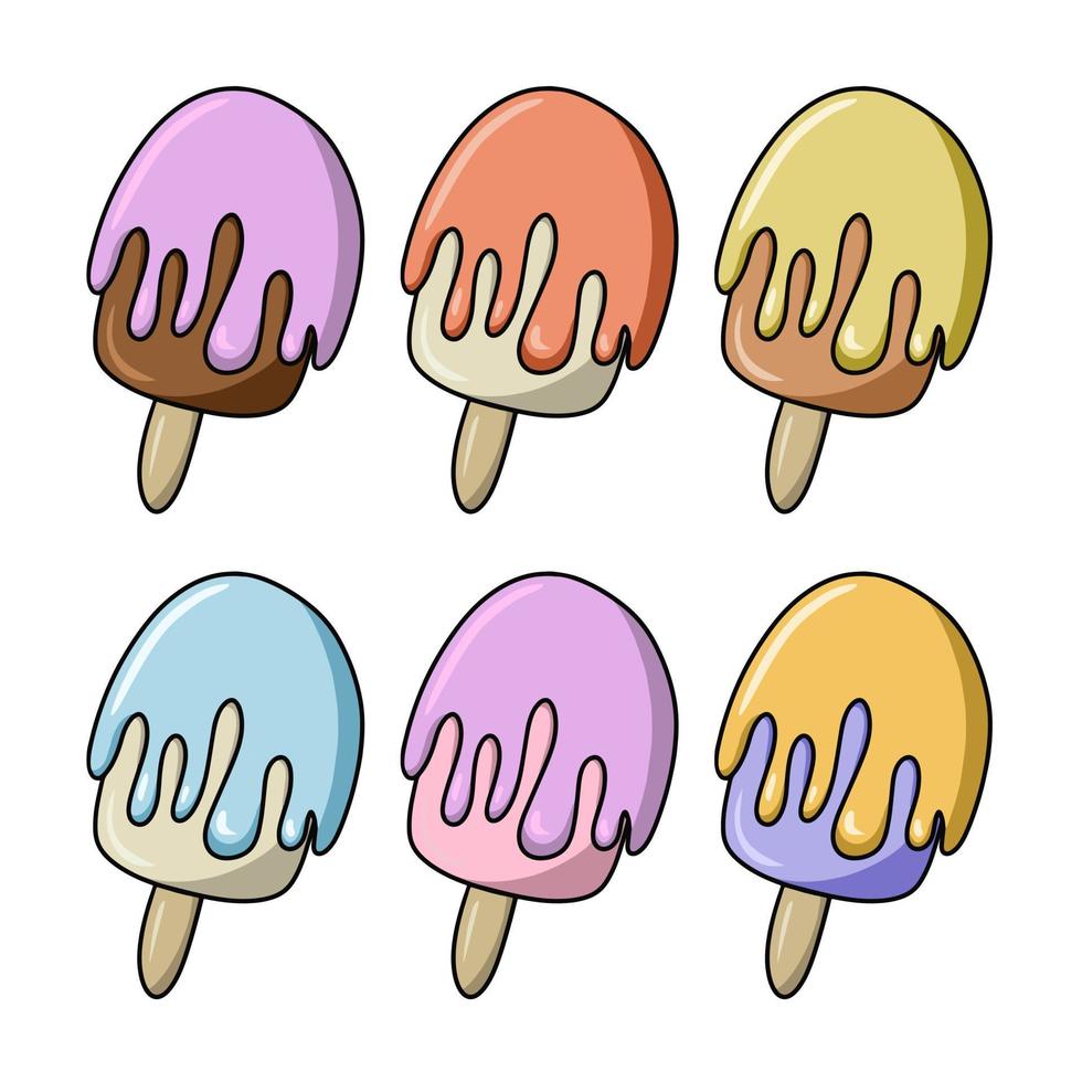 A set of colored icons, Oval ice cream, poured with fruit glaze, chocolate, vector illustration in cartoon style on a white background