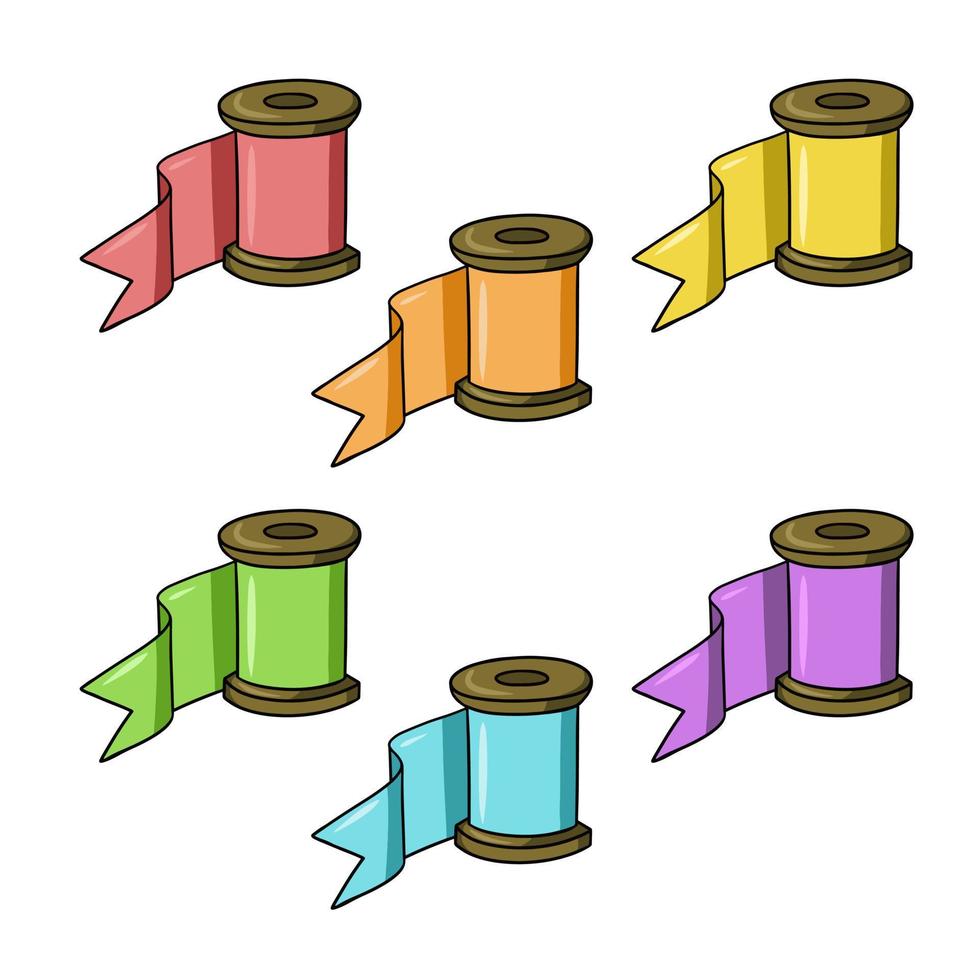 A set of colored icons, a bright silk ribbon wound on a spool, a vector illustration in cartoon style on a white background