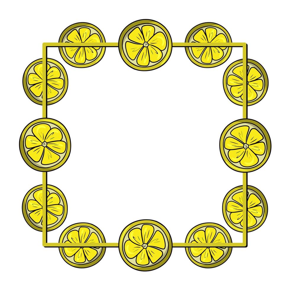marco cuadrado, rebanada redonda brillante de limón, espacio de copia, ilustración vectorial en estilo de dibujos animados sobre fondo blanco vector