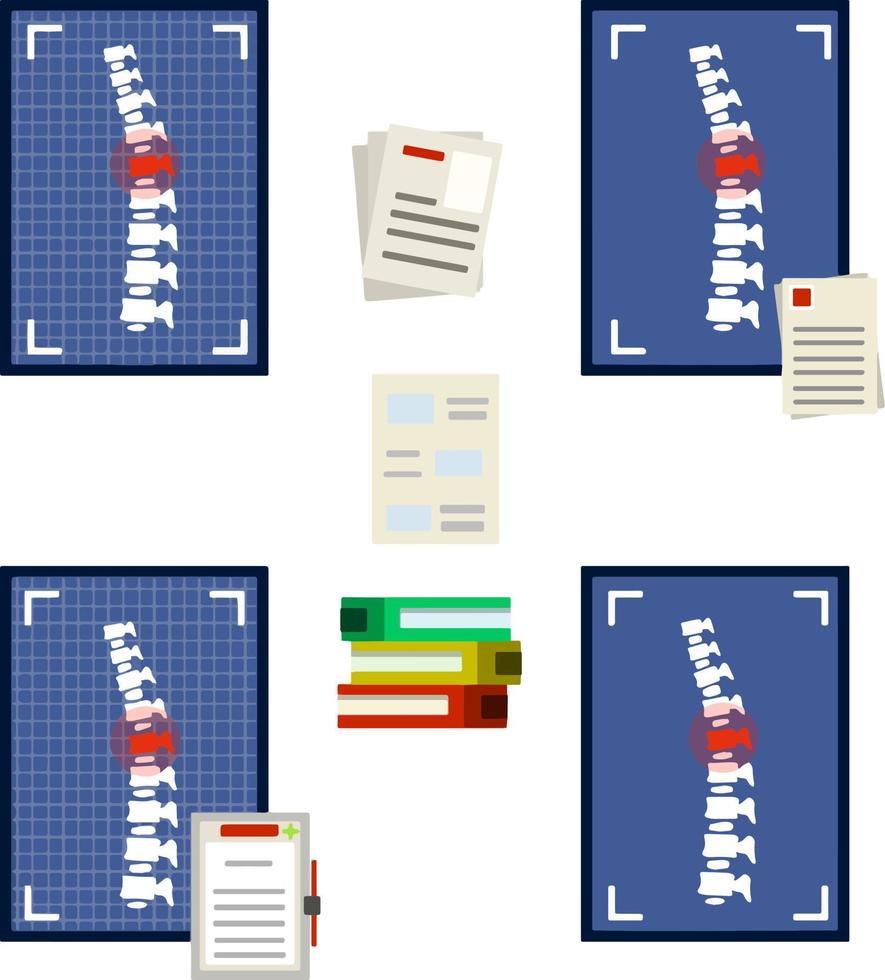 Spine on x-ray image. The bones of the back. Set of Medical document. A red dot of pain. Spinal column injury. Poor posture. Health care. White vertebra. Caroon flat illustration vector