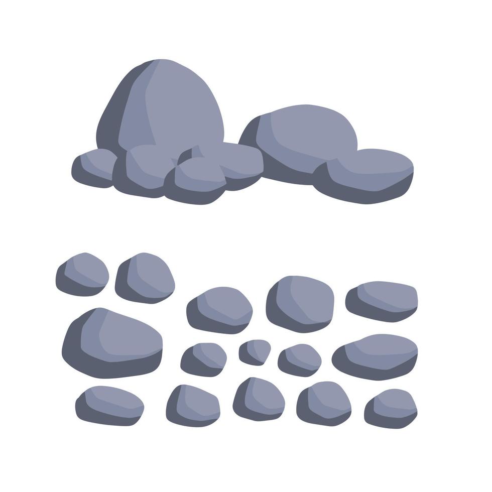 Set of stones. Pile of cobblestones. Gray geological minerals. Heavy wall construction material. Large blocks vector