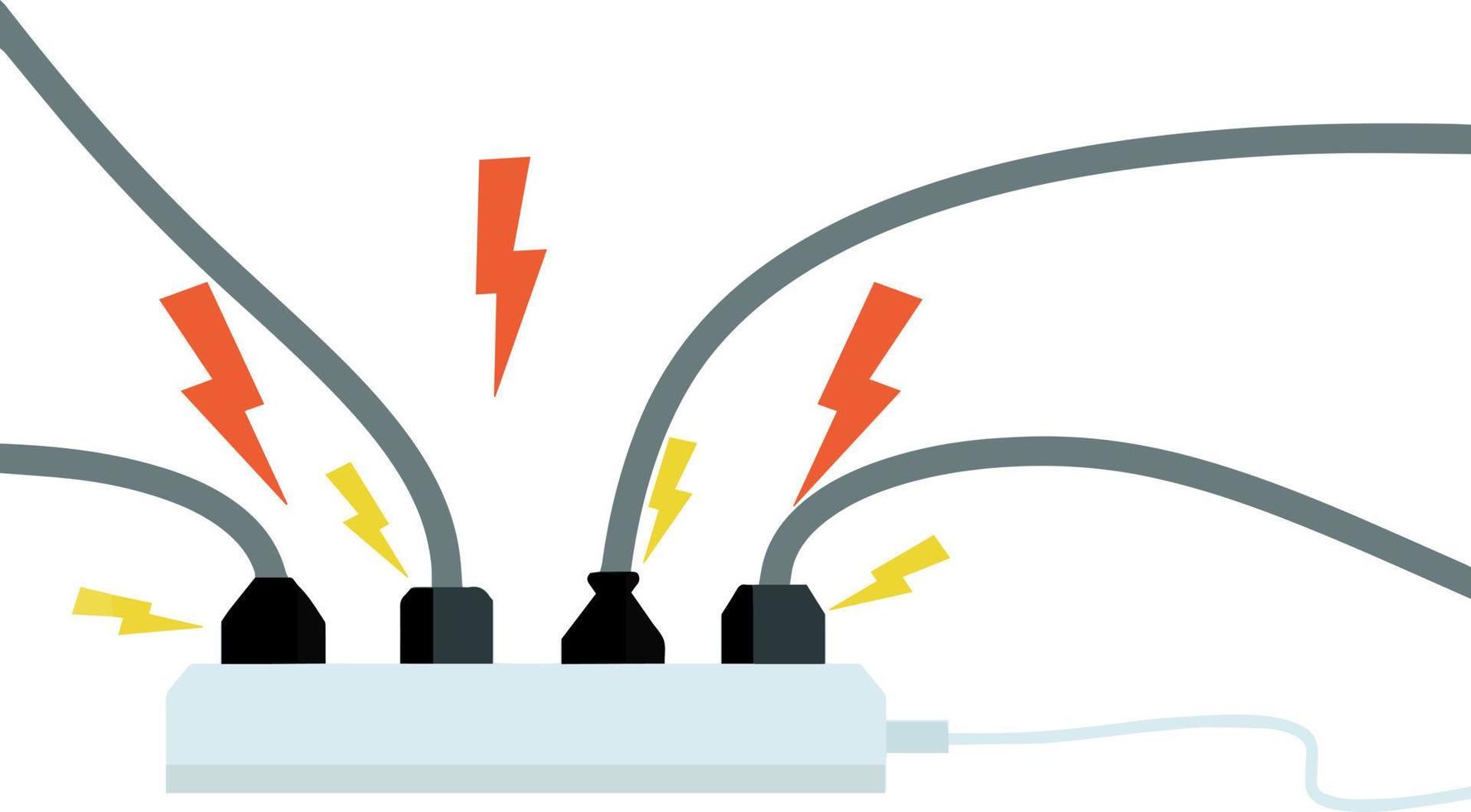 Electrical circuit. Shock, red lightning and yellow sparks from the outlet. Connector and plug. System overload. The problem with the appliance. Fire situation with smoke and safety. vector