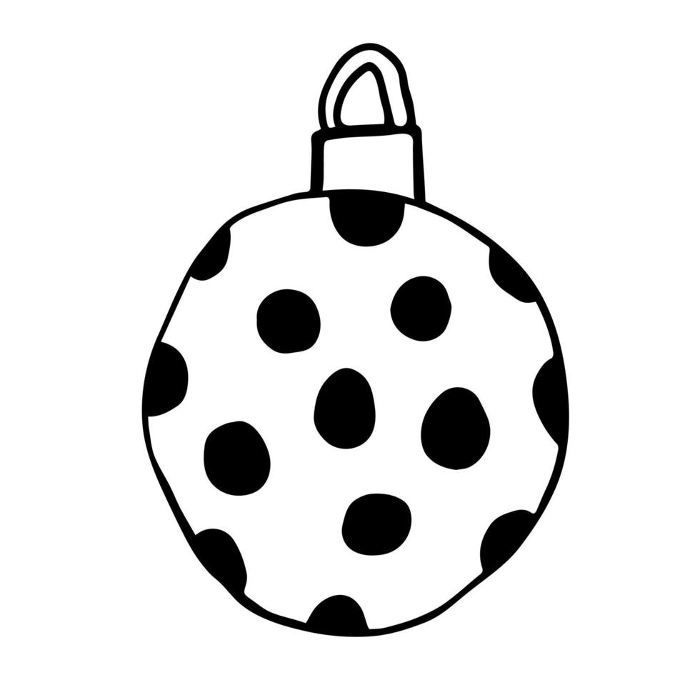 Christmas ball. Doodle illustration of Christmas ball with black dots. New year decoration. Vector stock illustration.