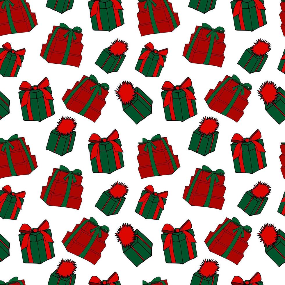 Christmas vector pattern. Gift boxes on white background. Winter seamless pattern. Different kinds of present boxes with ribbon and pompom.