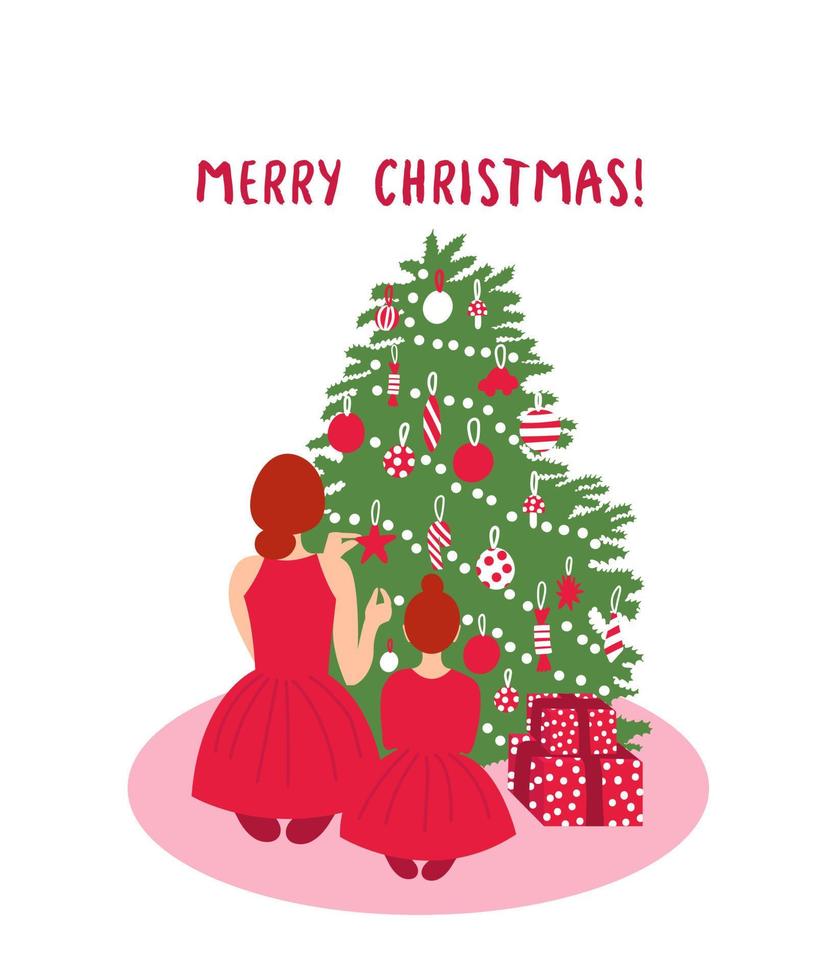 Mother and daughter sitting and decorating Christmas tree. Pastel pink colors. Christmas greeting card vector. Cartoon vector illustration.