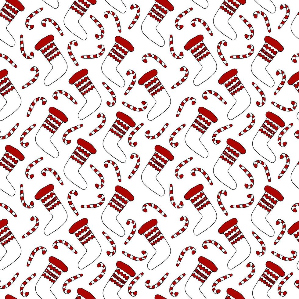 Christmas pattern. Christmas socks and candy cane in red and white colors. Seamless vector pattern in doodle style. Wrapping paper, holiday decor, textile, stationery, greeting cards.