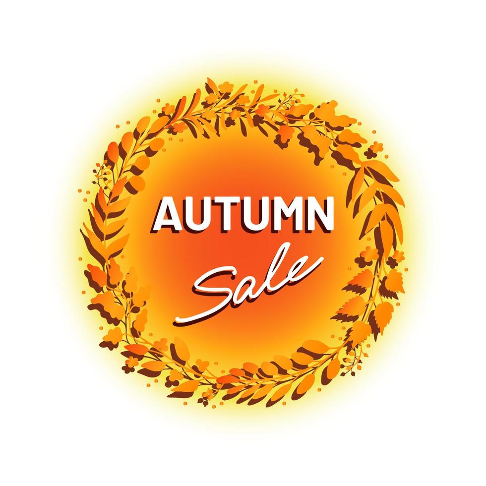 Autumn sale advertisement, notice, badge, sticker. Hand drawn lettering and beautiful golden wreath made of autumn leaves, twigs and berries. Elegant nature inspired design element for sale prints vector