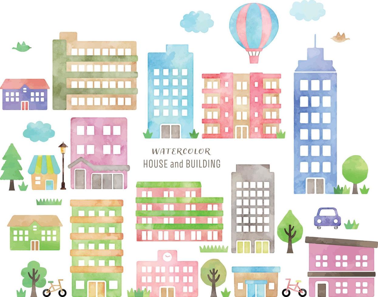 watercolor vector hand drawn buildings and houses illustration