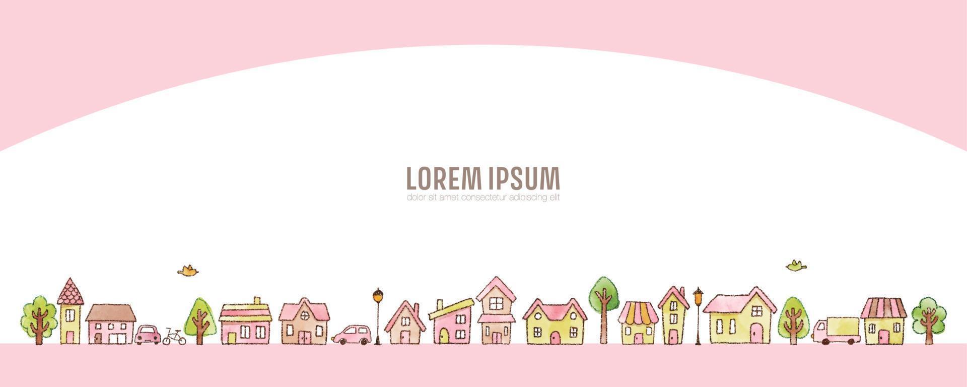 watercolor hand drawn houses and trees -pink. cute townscape illustration for background vector