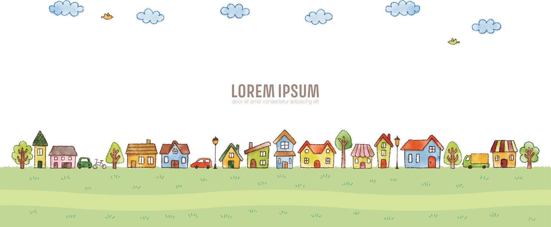 watercolor hand drawn houses and trees. cute townscape illustration for backgroun vector