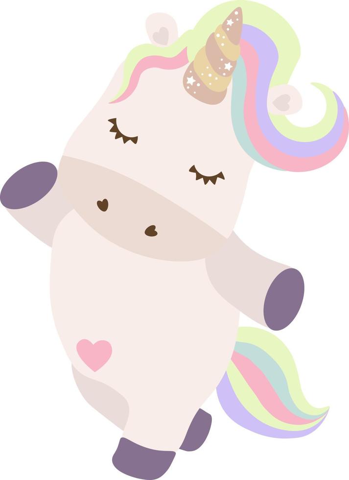 Cute unicorn with rainbow hair. Vector white unicorn kids cartoon illustration. Little pony character, magic horse print design