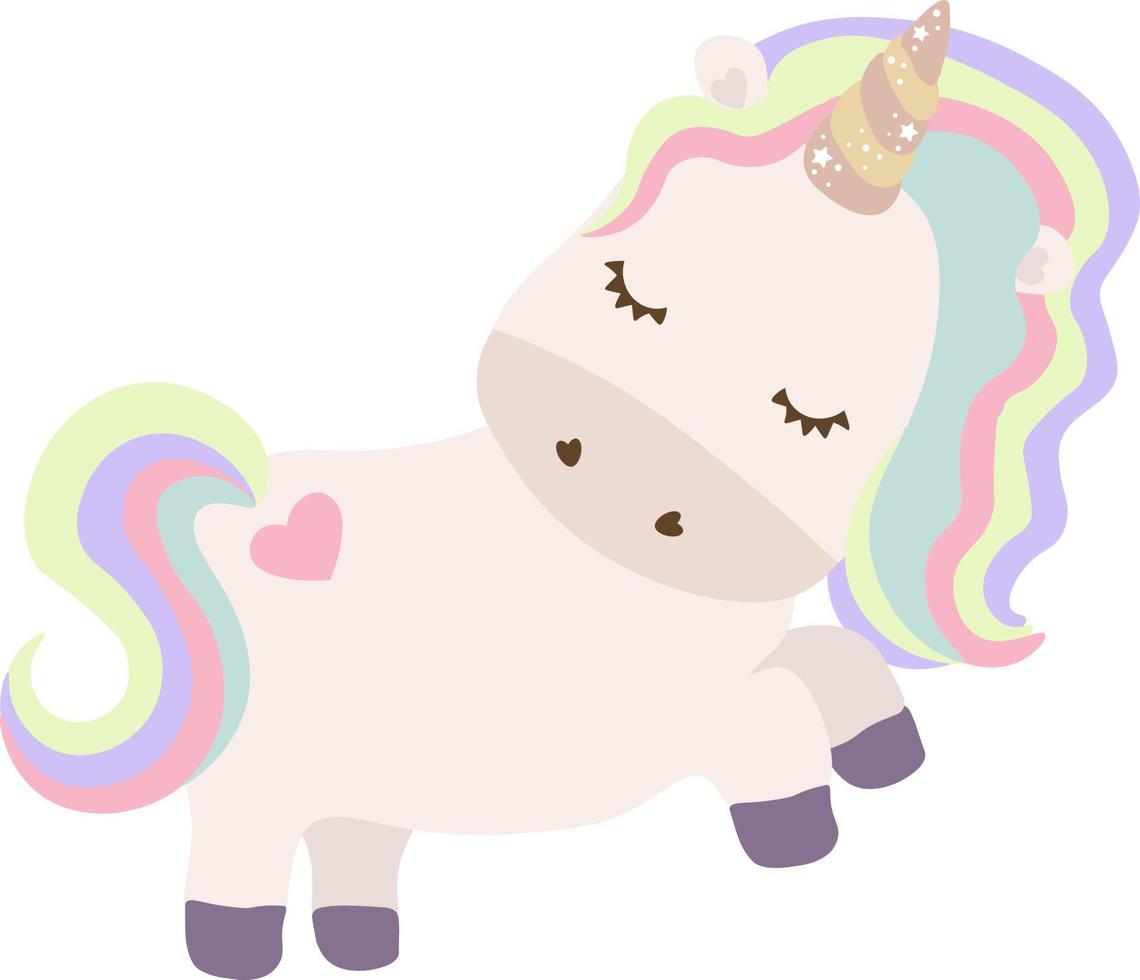 Cute unicorn with rainbow hair. Vector white unicorn kids cartoon illustration. Little pony character, magic horse print design