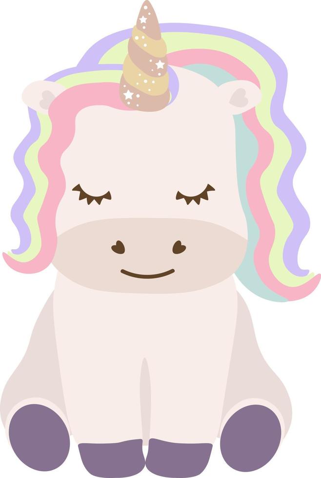 lindo unicornio con cabello de arcoiris. ilustración de dibujos animados de niños de unicornio blanco vectorial. personaje de pony pequeño, diseño de impresión de caballo mágico vector