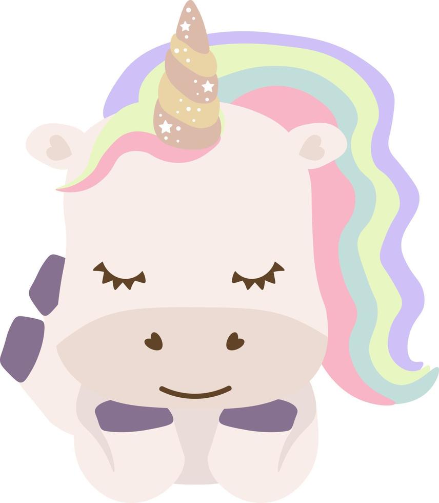 lindo unicornio con cabello de arcoiris. ilustración de dibujos animados de niños de unicornio blanco vectorial. personaje de pony pequeño, diseño de impresión de caballo mágico vector