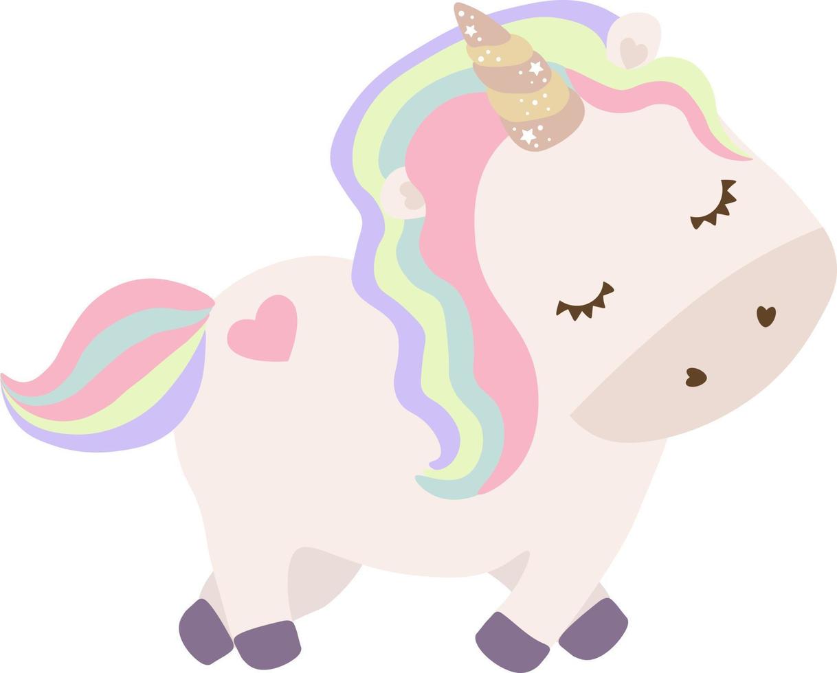 lindo unicornio con cabello de arcoiris. ilustración de dibujos animados de niños de unicornio blanco vectorial. personaje de pony pequeño, diseño de impresión de caballo mágico vector