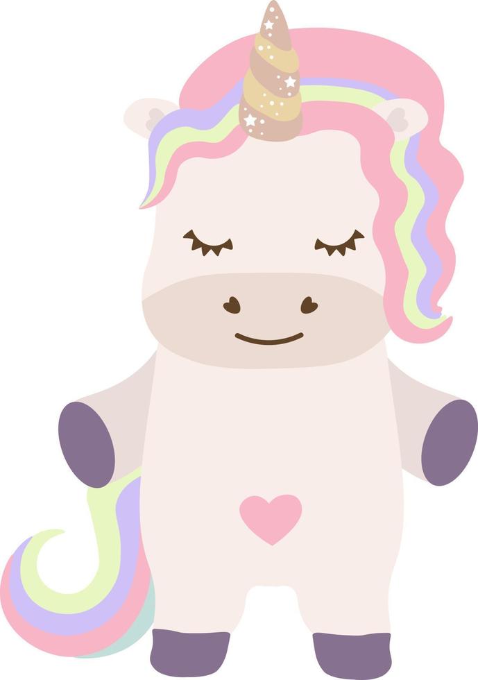 lindo unicornio con cabello de arcoiris. ilustración de dibujos animados de niños de unicornio blanco vectorial. personaje de pony pequeño, diseño de impresión de caballo mágico vector