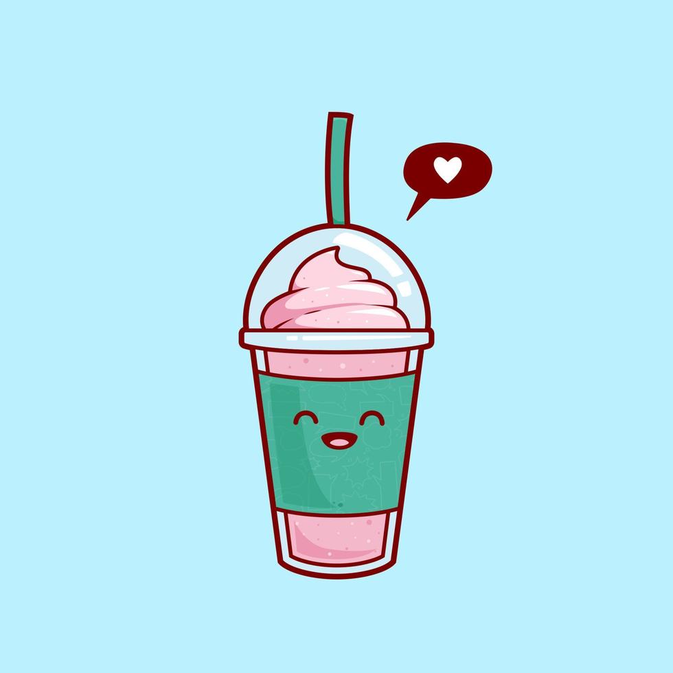 happy strawberry smoothies milkshake juice with ice cream topping illustration vector cartoon character