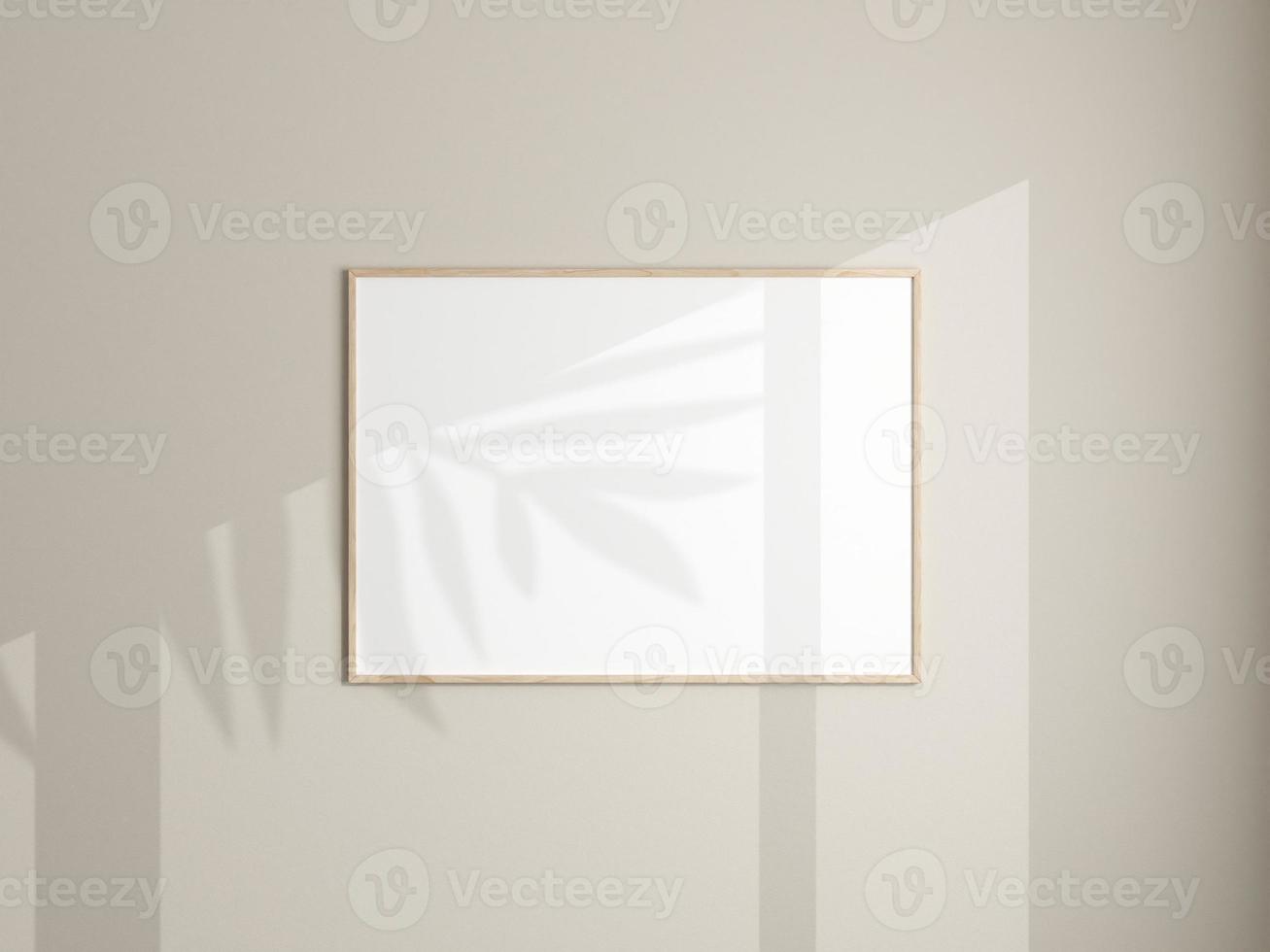 Photo frame mockup hanging on white wall. Minimalist background. Blank picture frame mockup in living room. Poster mockup. Clean, modern, minimal frame. 3d rendering.