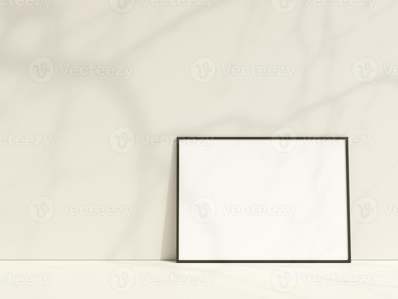 Interior poster mockup with photo frame leaning against the white wall. Minimalist photo frame mockup with shadow. Empty frame stands on white floor. 3d rendering.