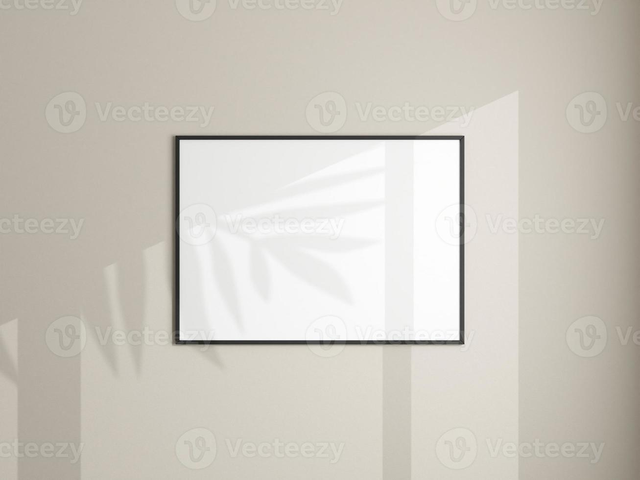 Photo frame mockup hanging on white wall. Minimalist background. Blank picture frame mockup in living room. Poster mockup. Clean, modern, minimal frame. 3d rendering.