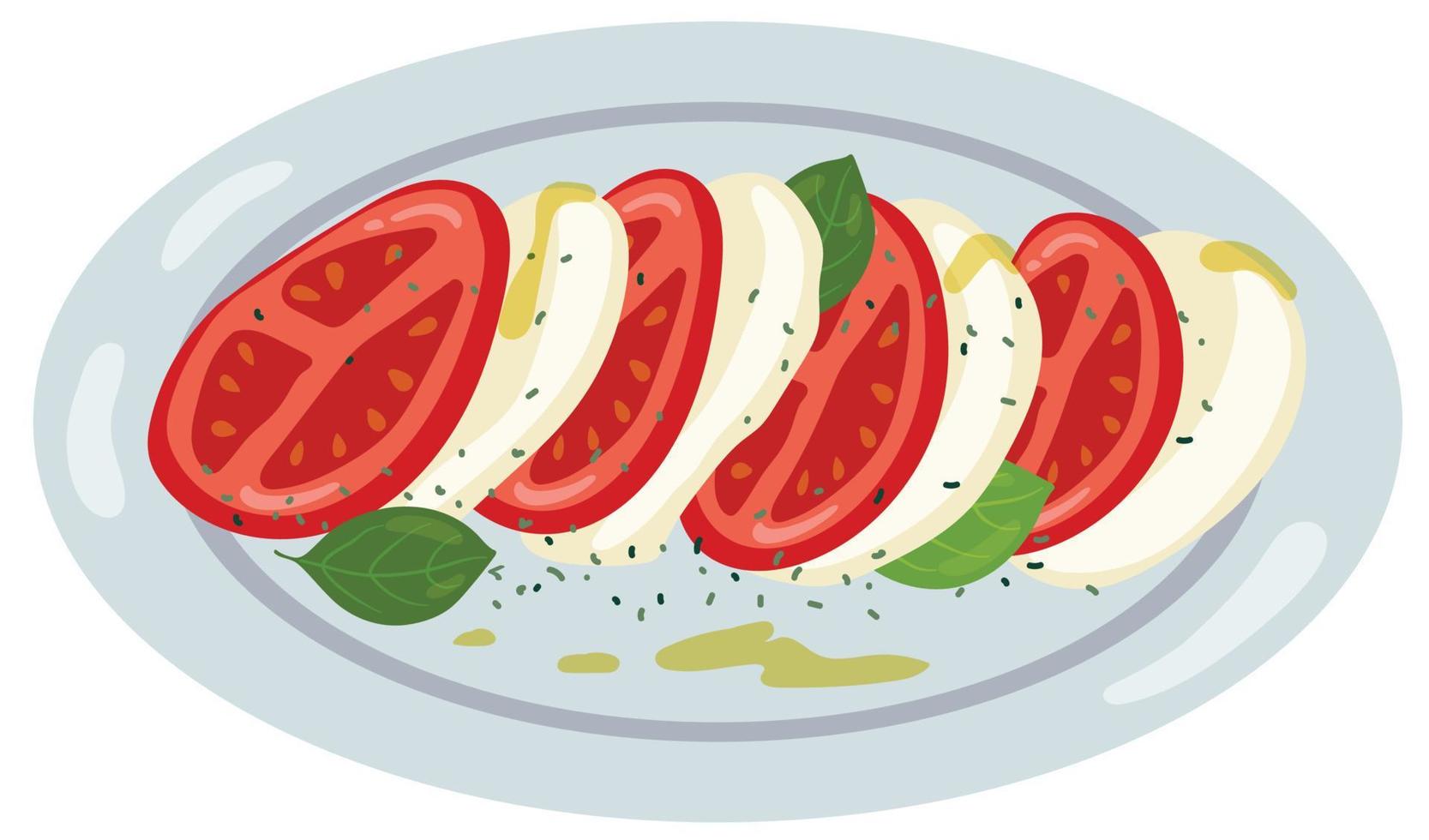 Ensalada caprese italiana en plato azul. ilustración vectorial dibujada a mano. adecuado para sitio web, postales, menú, pegatinas. vector