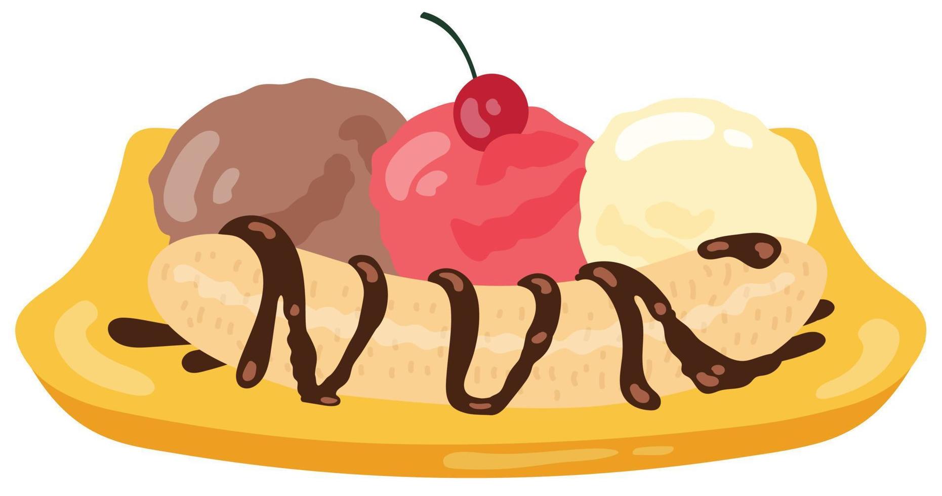 Banana split. Ice-cream dessert. Hand drawn vector illustration. Suitable for website, postcards, menu, stickers.