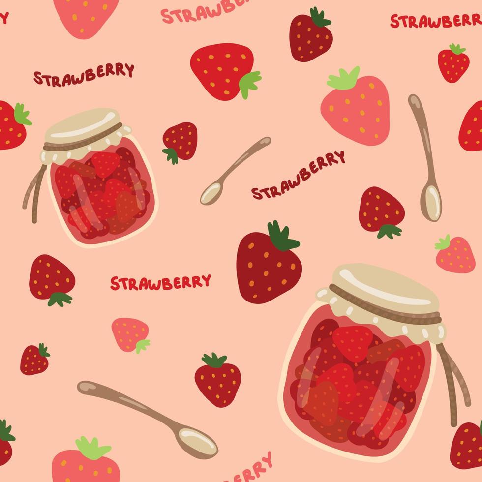 Strawberry jam jars, dessert spoons and strawberry berries seamless pattern. Hand drawn vector illustration. Suitable for web background, gift paper, fabric or textile.