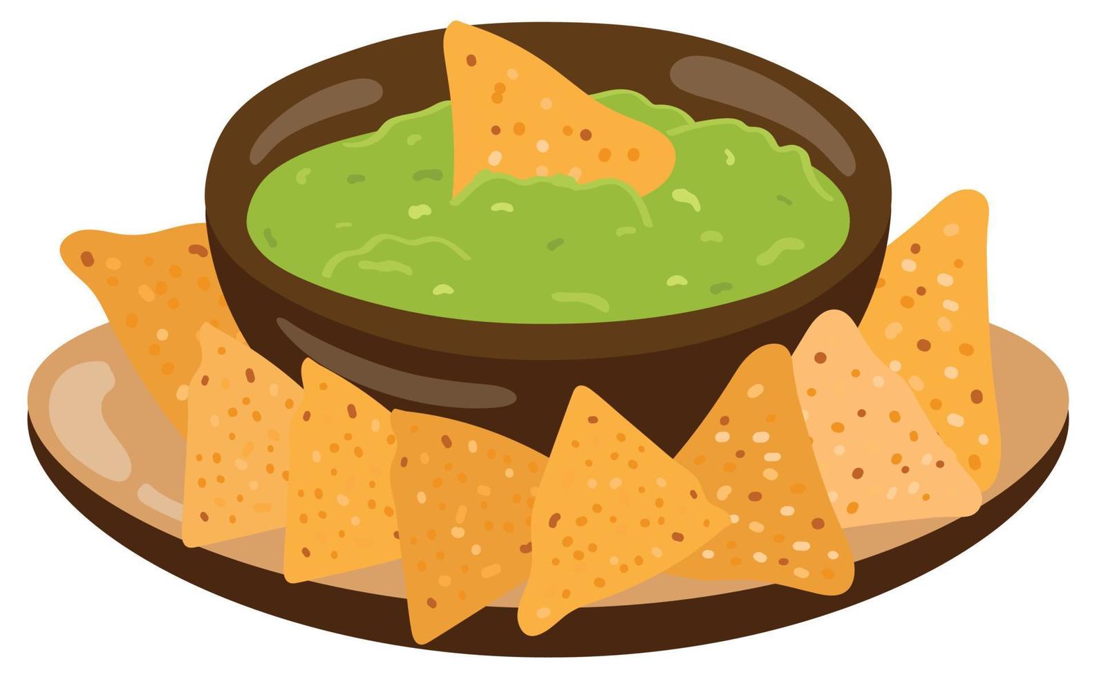 Bowl with guacamole and nachos. Traditional Mexican food. Hand drawn vector illustration. Suitable for website, stickers, postcards, menu.