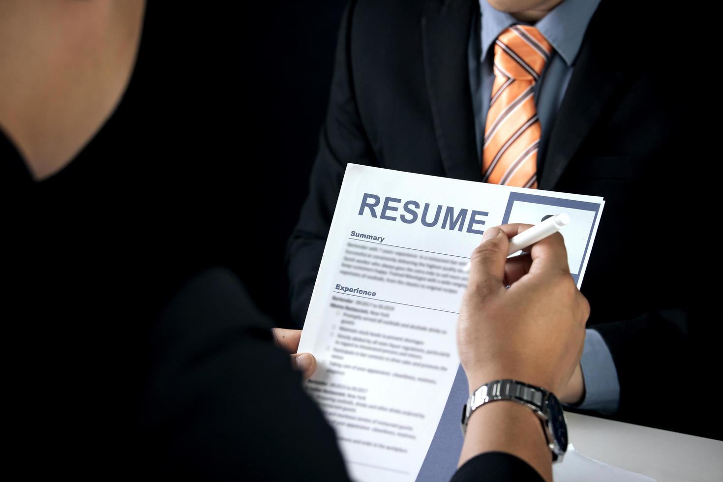 employer, management Interview for a job to hire someone to work for a company. HR check resume. candidate details, recruitment concepts, personnel management recruiting, and job interviews. photo