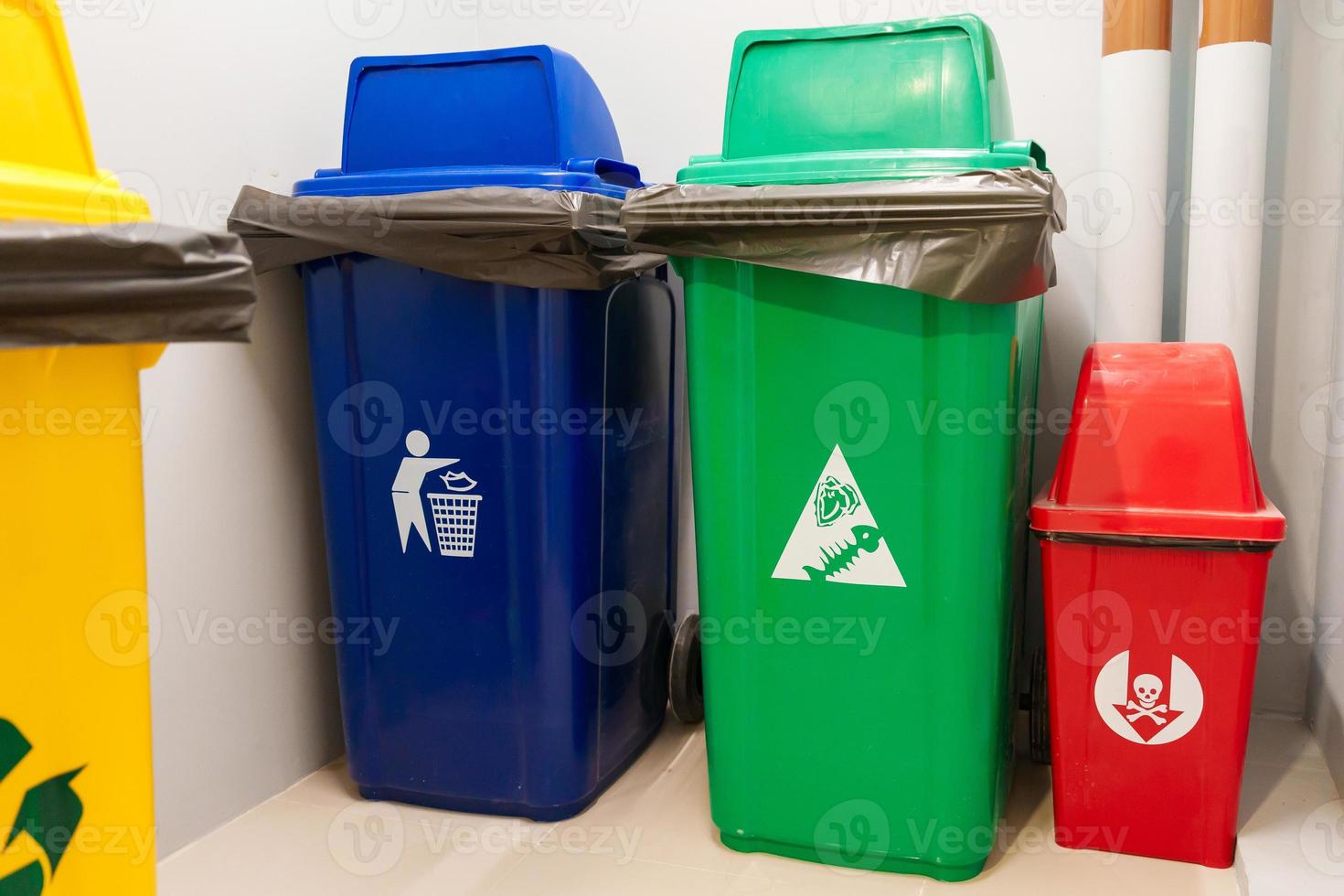 Colorful trash dustbin, Red, green, blue and yellow bin for Hazardous