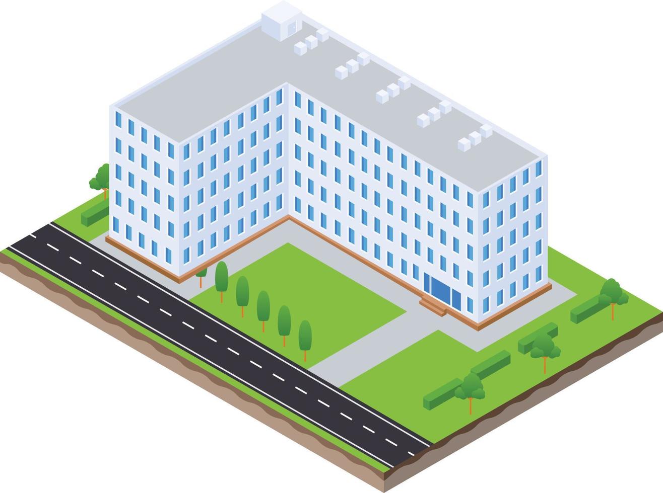 isometric scene of office apartment city building and road vector