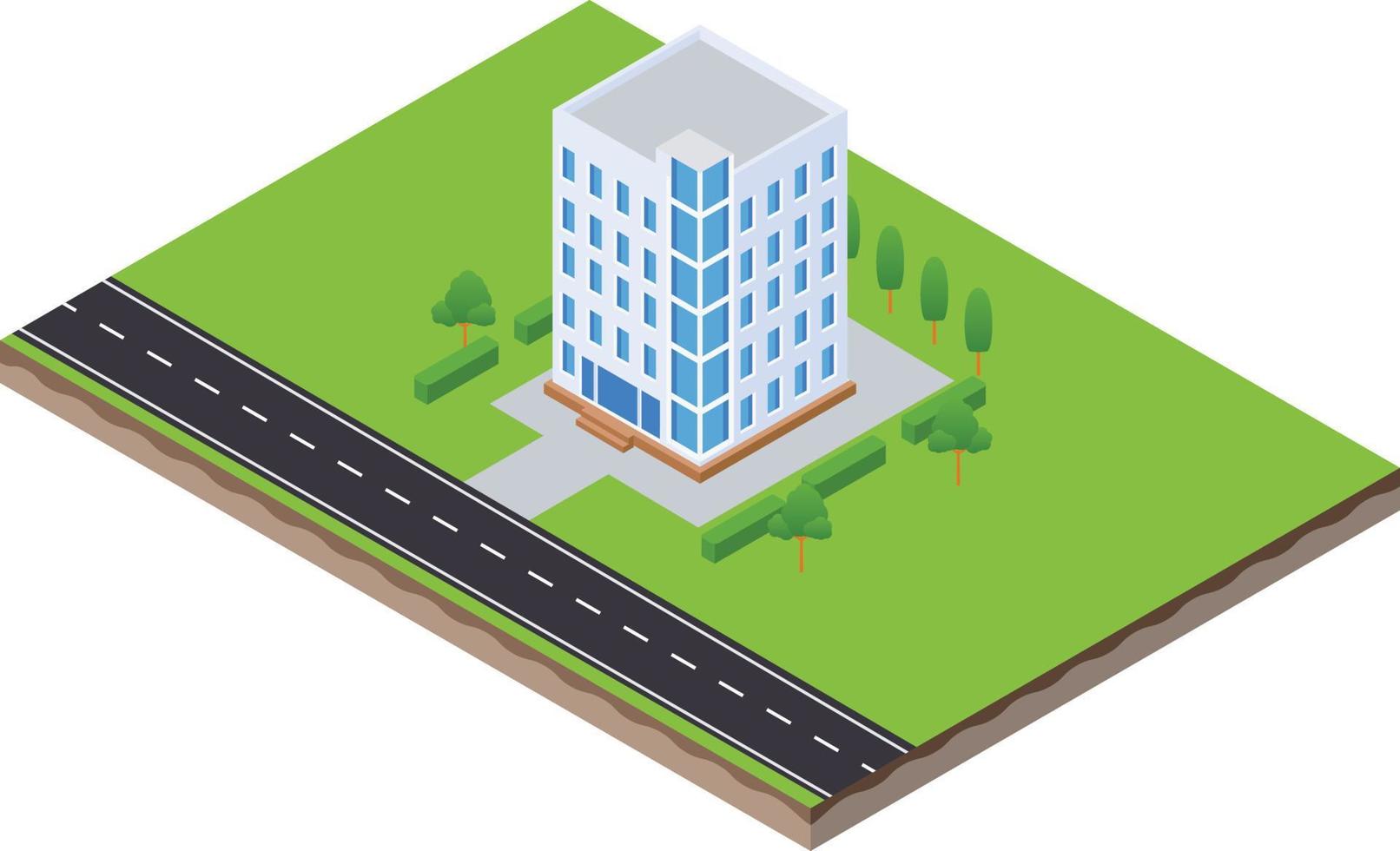 isometric scene of office apartment city building and road vector