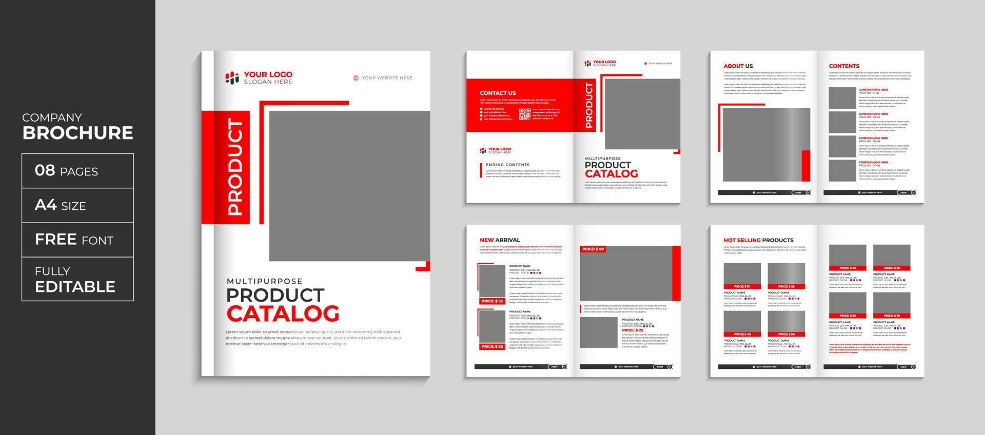 Red corporate 8 page brochure and booklet template, modern company profile layout Pro Vector