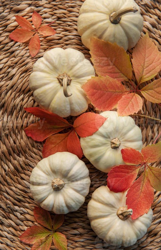 Autumn leaves and pumpkins over wicker mat background photo