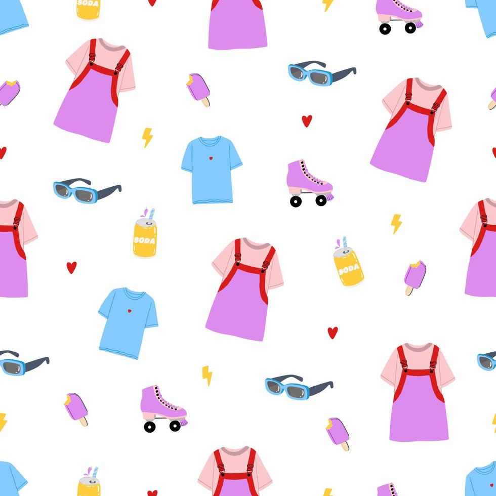 Seamless pattern with girls' stuff. Overalls, t-shirt, roller skate, sunglasses, soda and ice-cream. Cute hipster background. Hand drawn vector illustration
