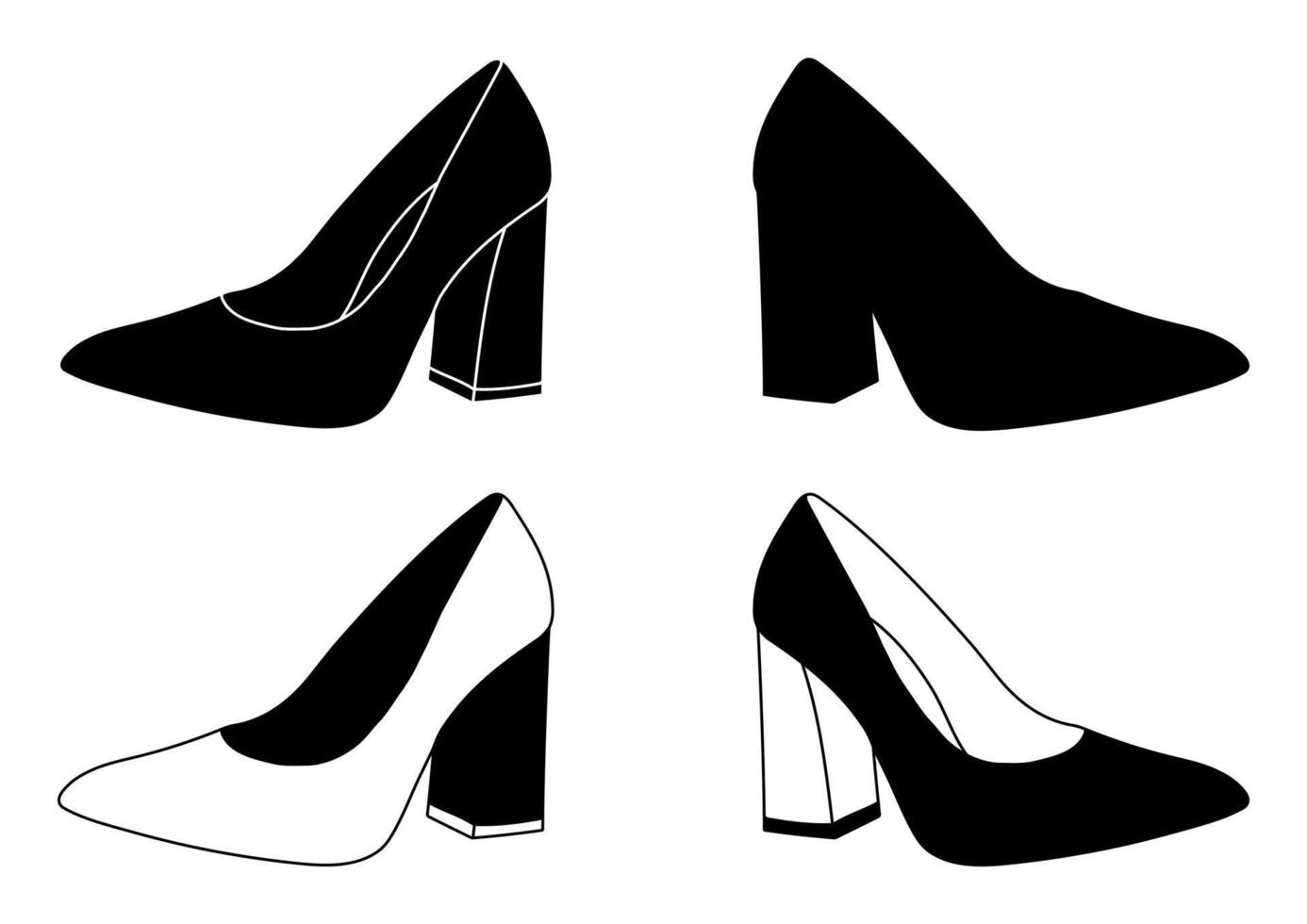 conjunto de contorno silueta en blanco y negro de zapatos de mujer con tacones, tacones de aguja, modelo, accesorio. vector