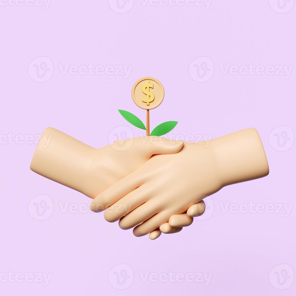 3d handshake icon with tree money icon for bank isolated on pink background. business growth, business partners concept, minimal abstract, 3d render illustration photo