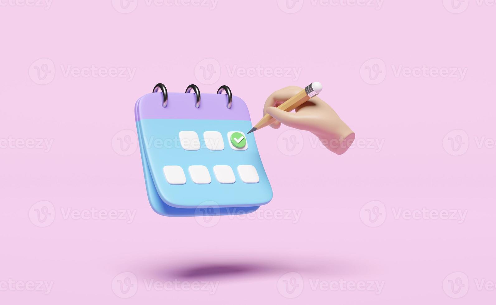 3d calendar with checkmark icons, marked date, hand hold pencil isolated on pink background. check appointment time, appointment date concept, 3d render illustration photo