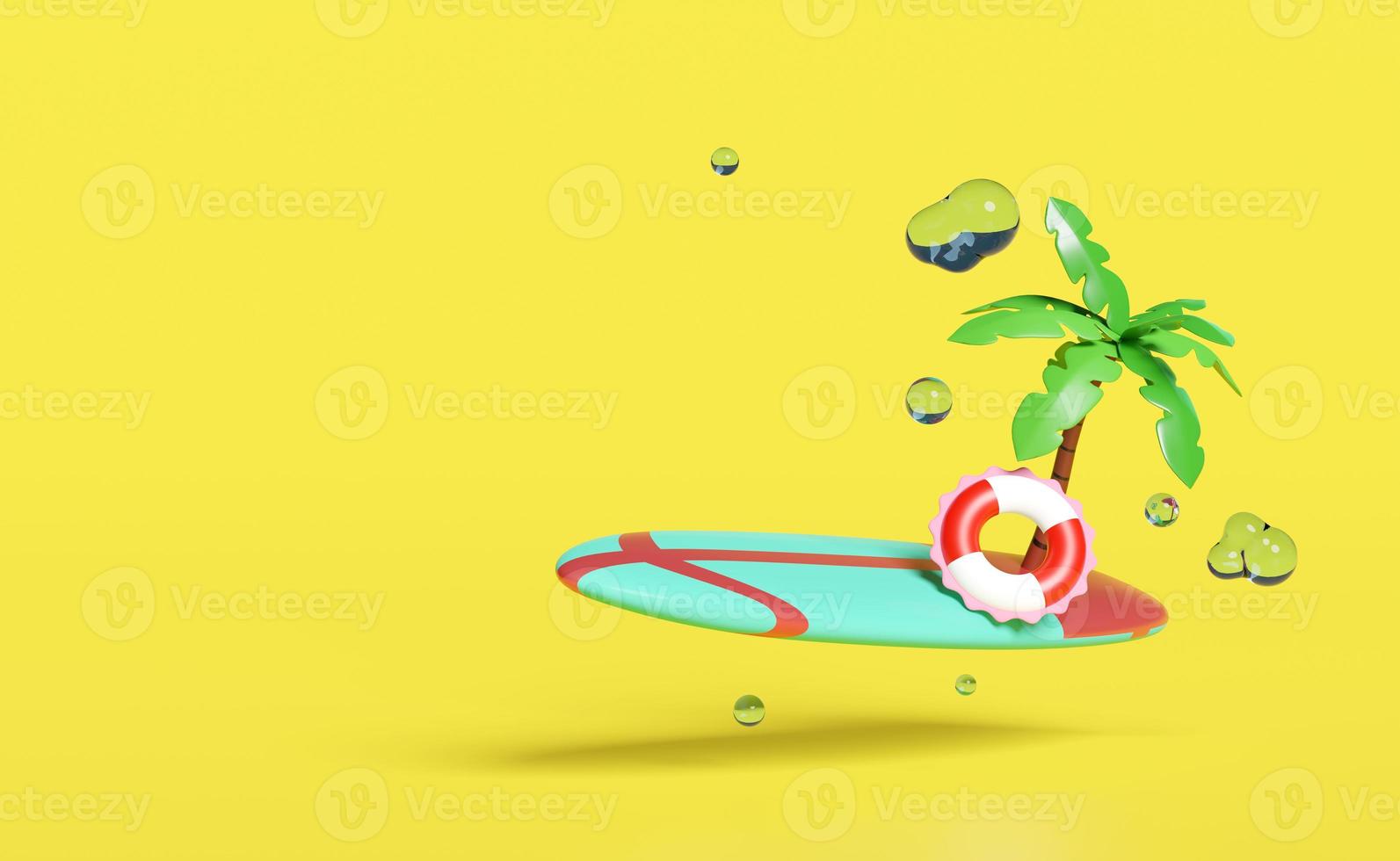 surfboard 3d with red white lifebuoy for water safety, water splash, palm tree isolated on yellow background. summer travel concept, 3d render illustration photo