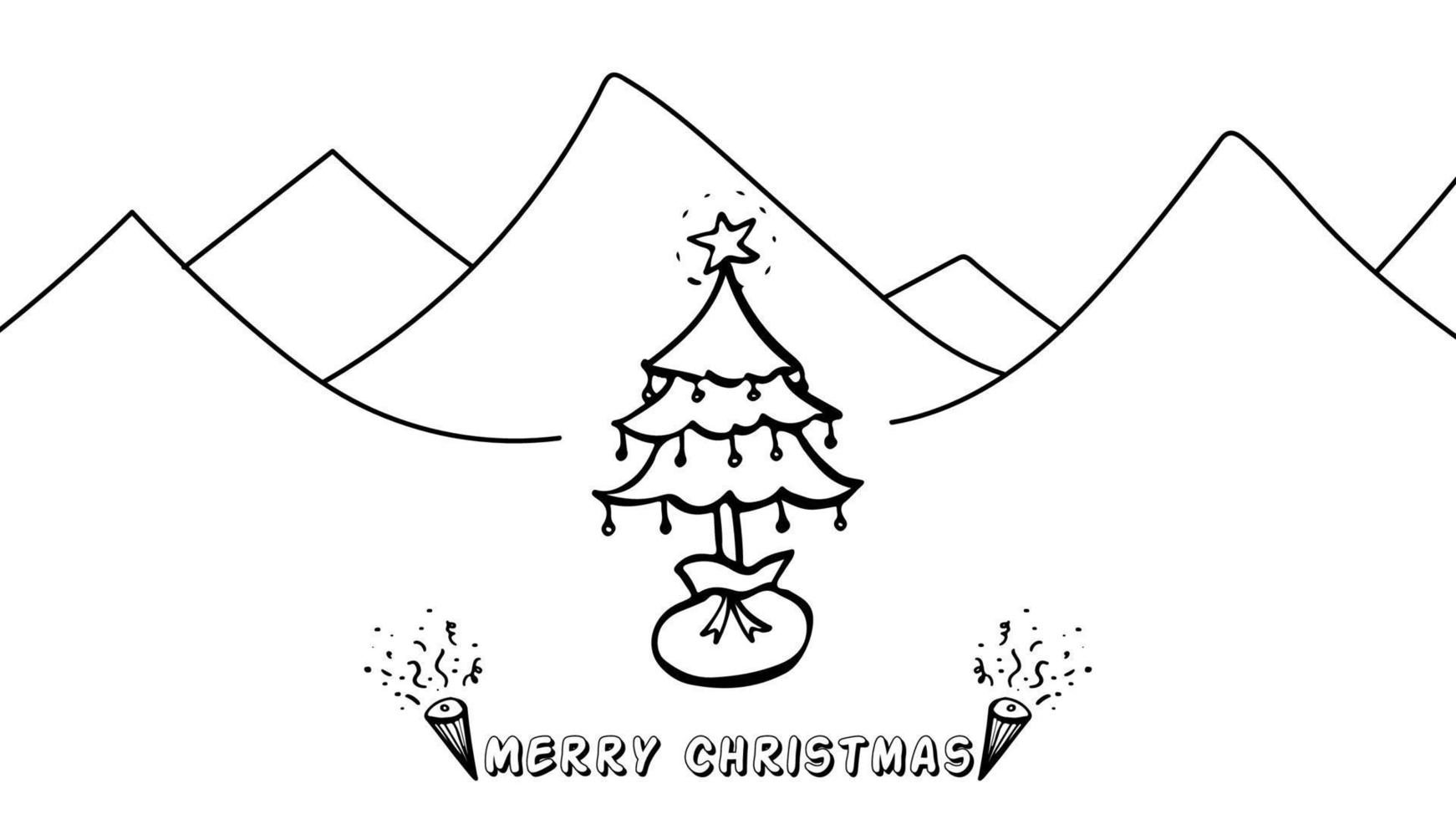 vector de navidad dibujado a mano creado con árbol de navidad y montaña. Feliz Navidad