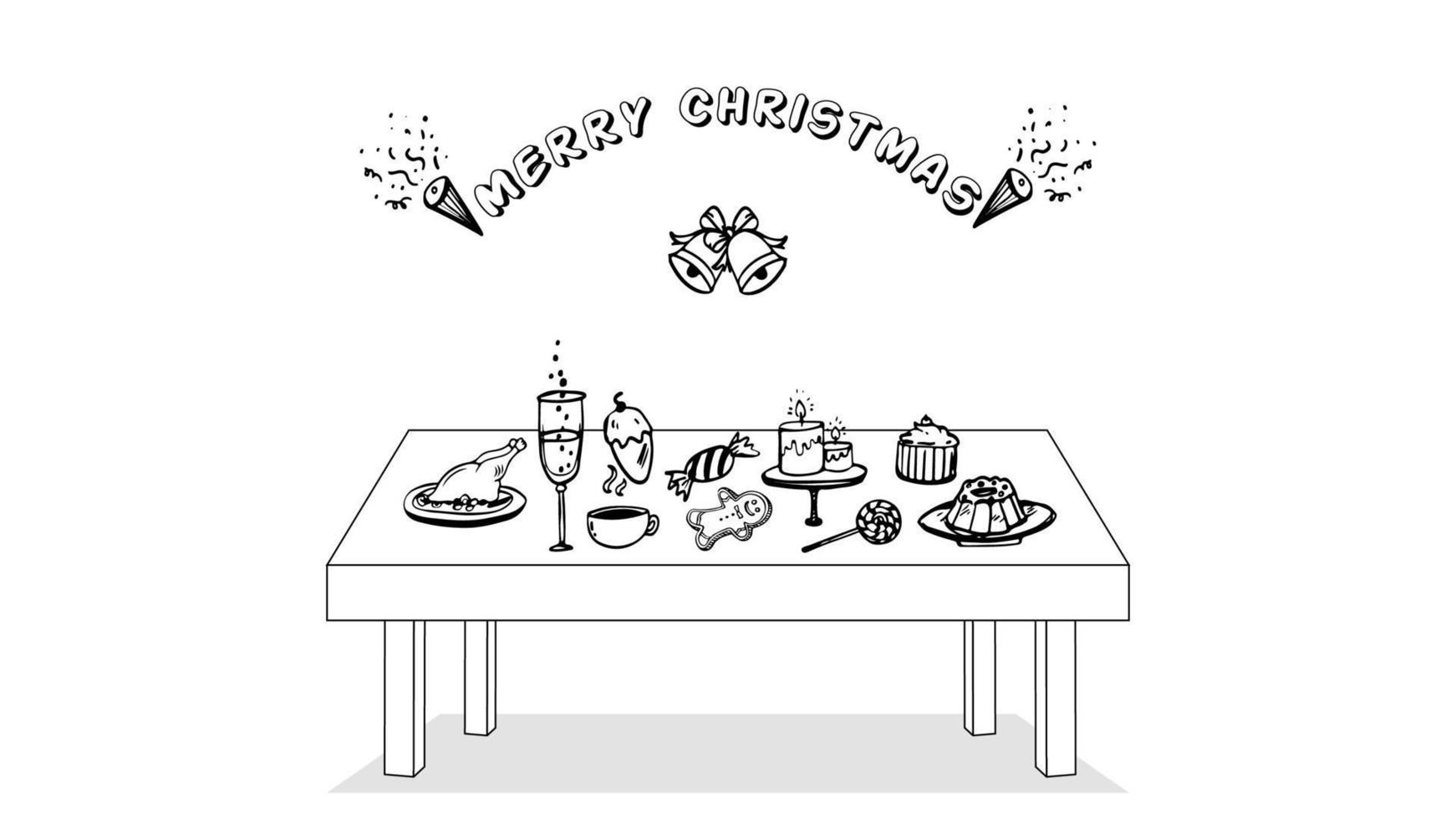 merry christmas, christmas party food table hand drawn vector illustration.