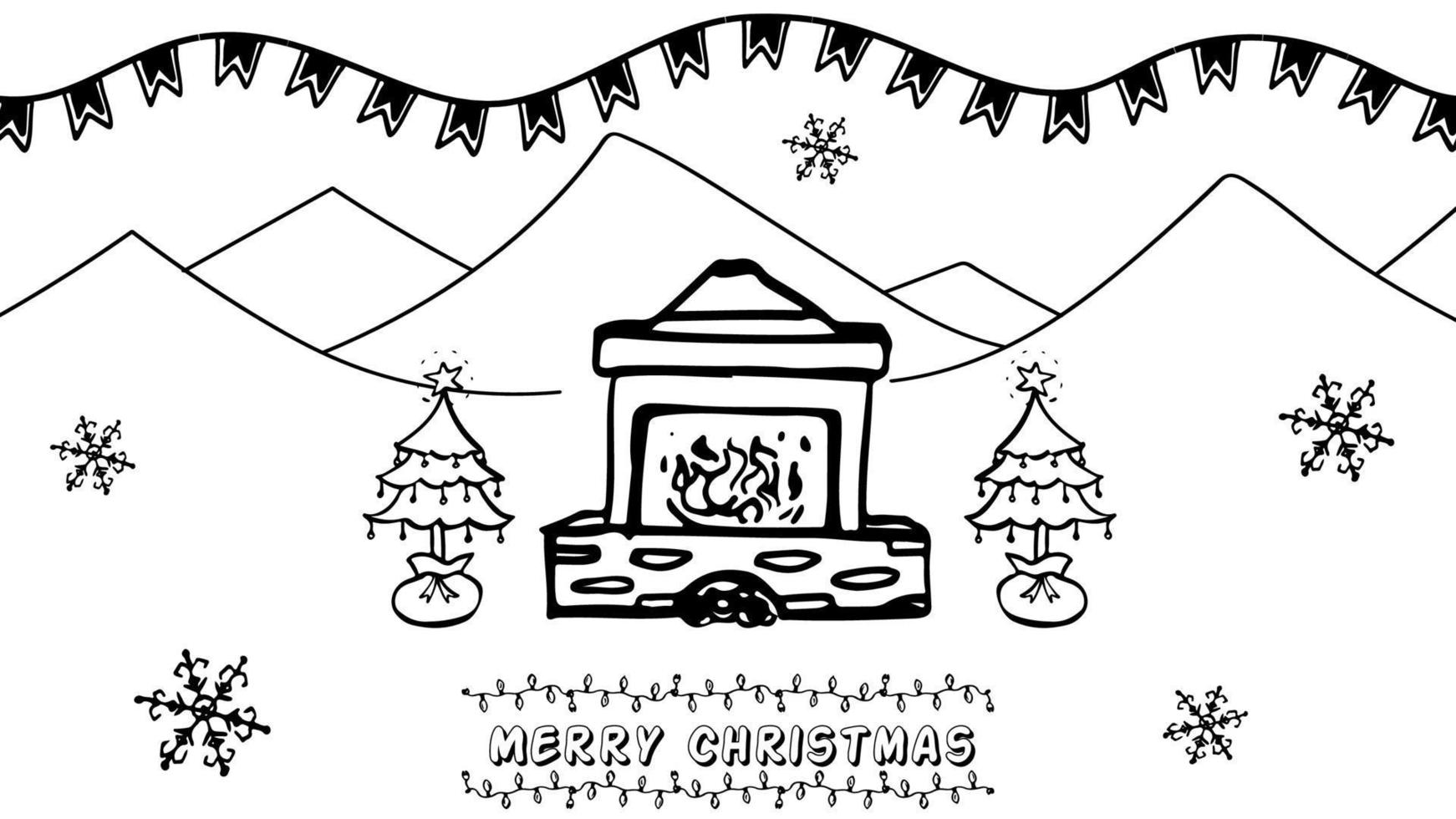 vector de navidad dibujado a mano creado con objetos como calentador de chimenea, montañas, árbol de navidad, copos de nieve y bordes decorativos. Feliz Navidad