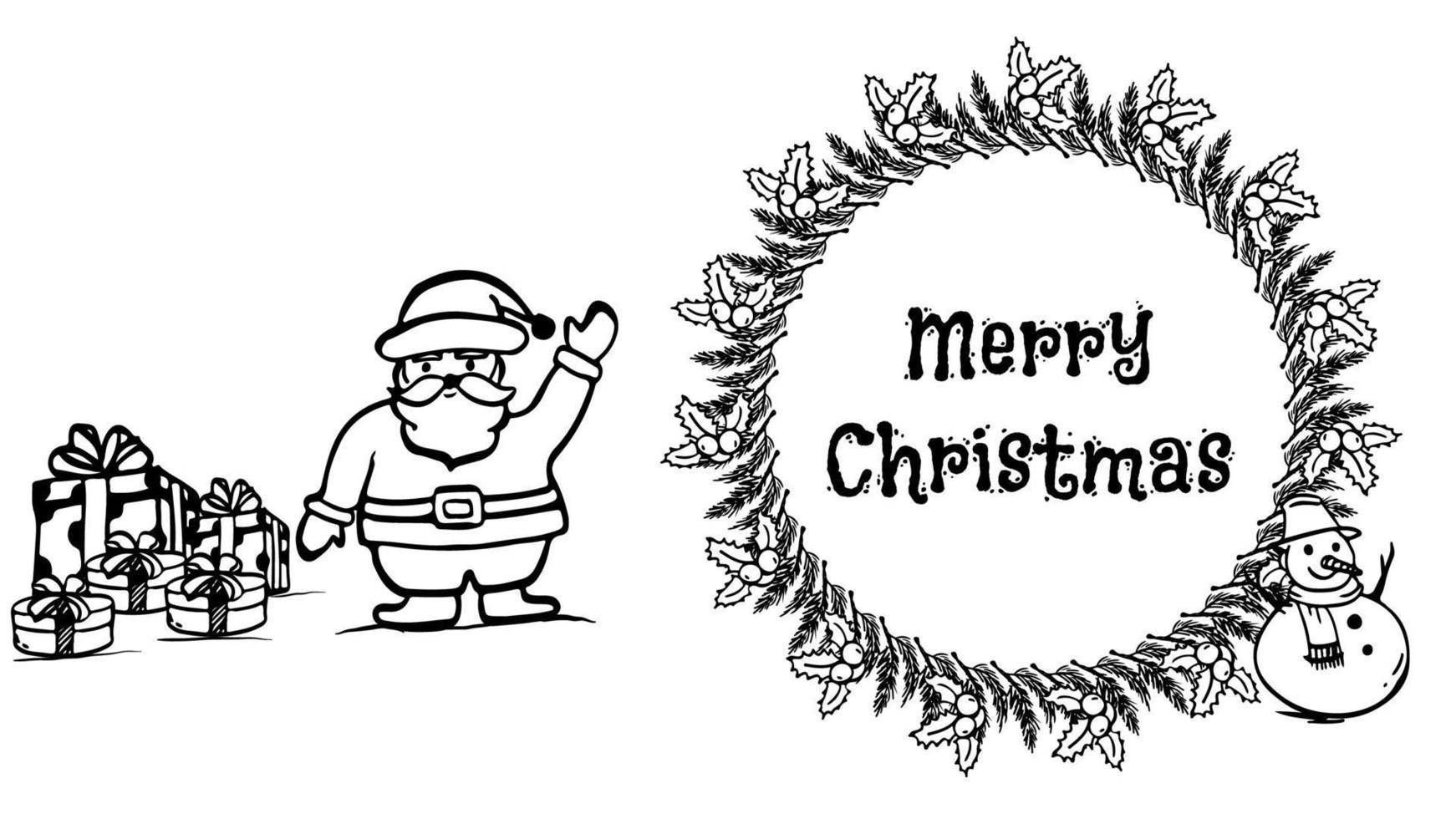 ilustración de vector de navidad dibujada a mano creada con santa claus, muñeco de nieve, cajas de regalo y objetos de corona de navidad. Feliz Navidad