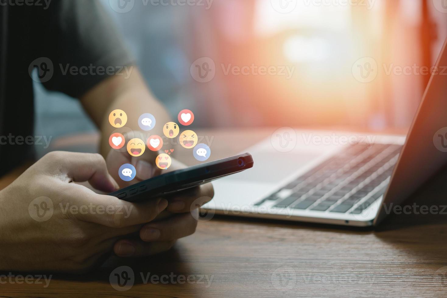 man using mobile smart phone Social media chat message and Marketing network internet online concept. photo