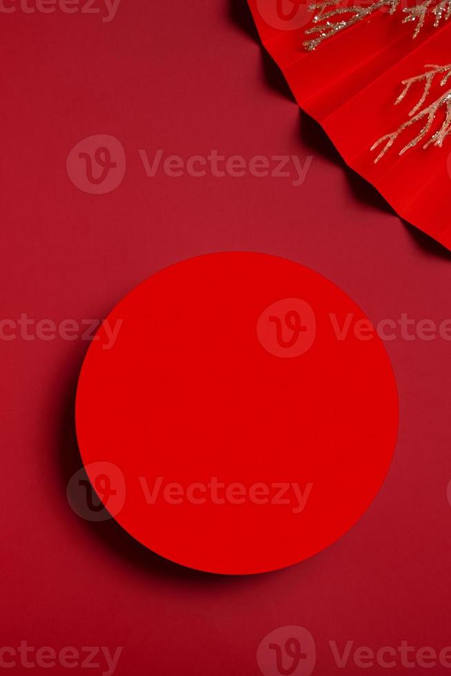 Mock up podium round stage or pedestal and paper fans Chinese new year symbol top view photo