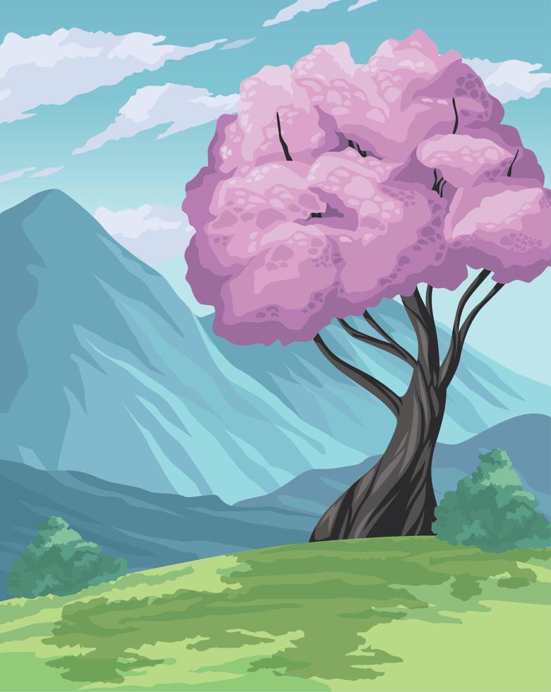 landscape anime with lilac tree vector