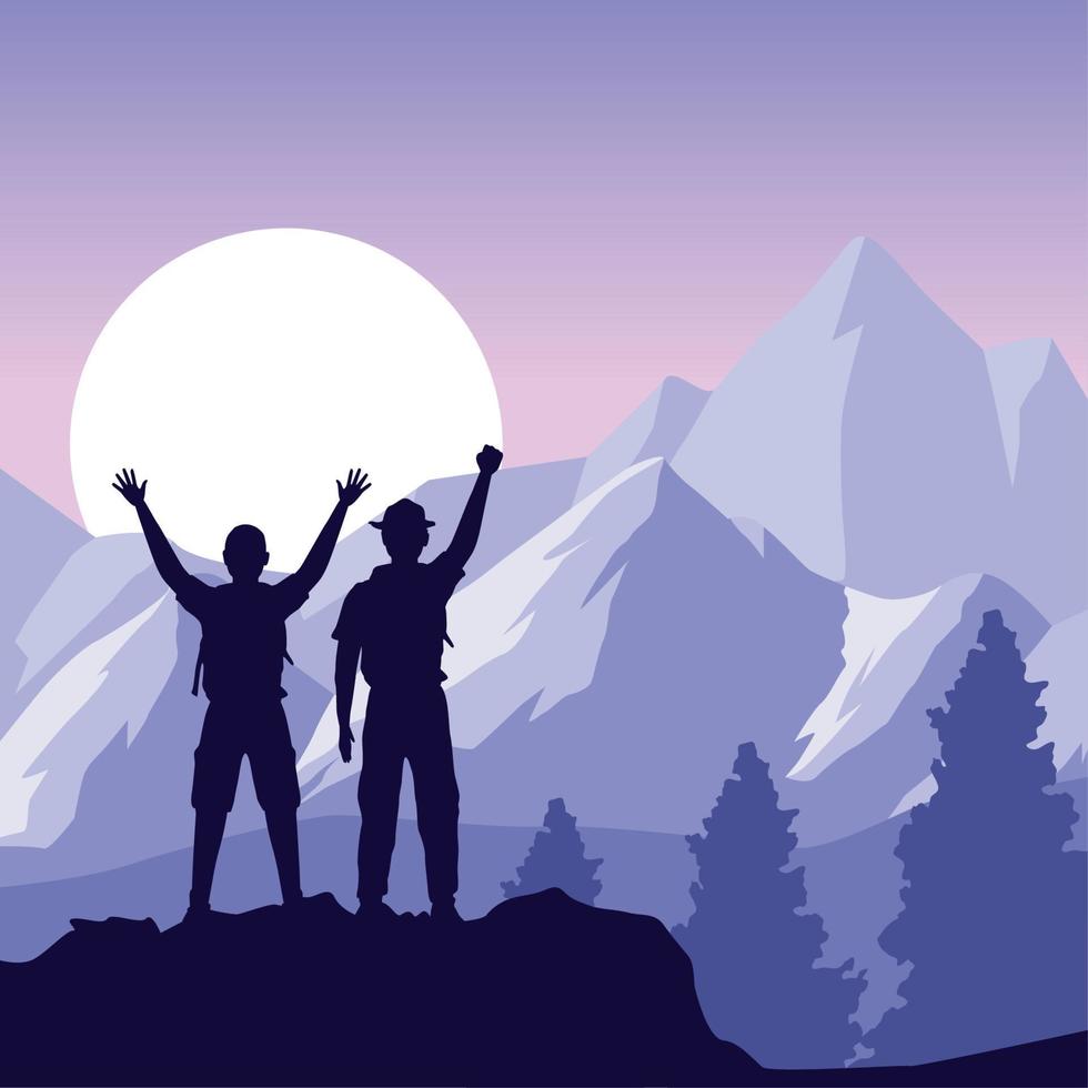 travelers silhouette in mountains vector