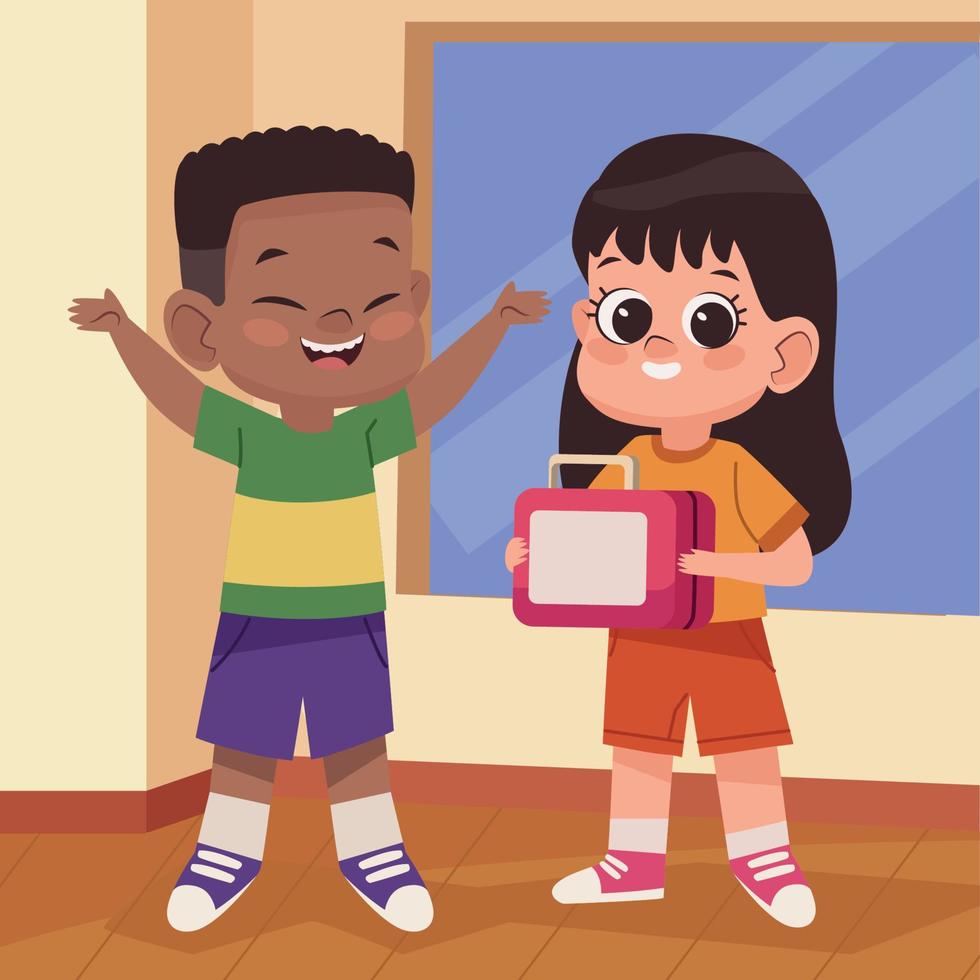 interracial students with lunch box vector