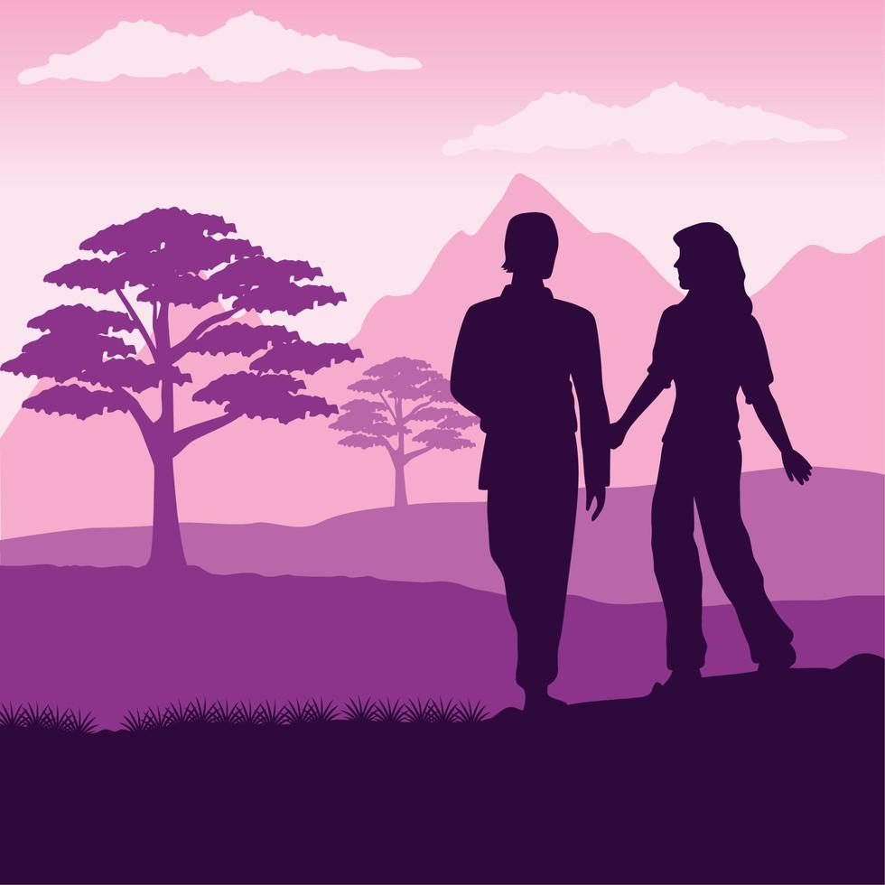 couple silhouette in landscape vector
