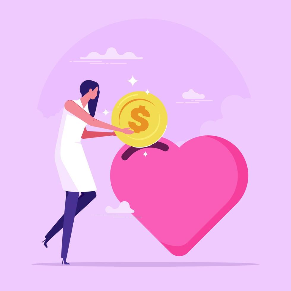 mujer poniendo moneda en el corazón. concepto de caridad, donación, asistencia financiera, ayuda o apoyo, filantropía, donación de dinero a organizaciones o fundaciones sin fines de lucro, ilustración vectorial plana vector